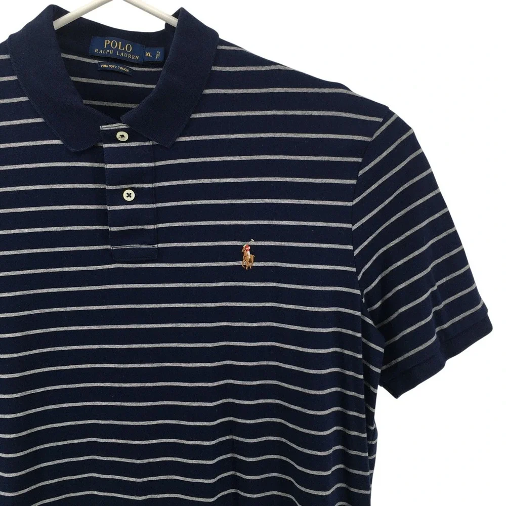 Polo Ralph Lauren Polo Shirt Mens XL Navy Gray Striped‎ Pima Soft Touch Cotton